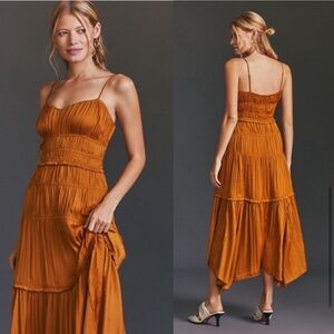 Anthropologie Ruched Slip Dress Gold NWOT 0 Tiered Satin Orange